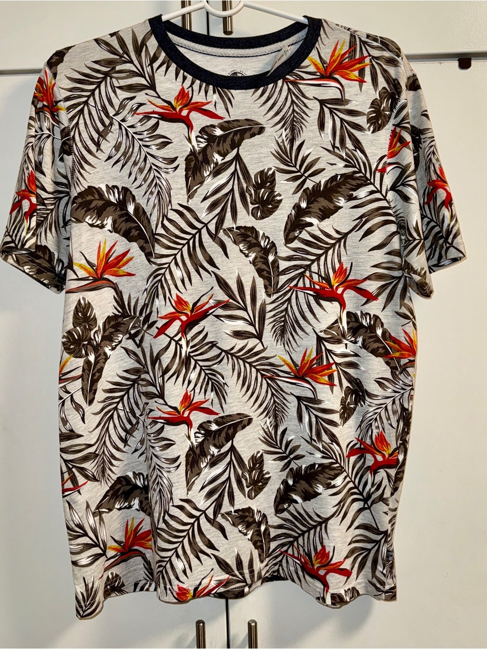 Tropical Floral Allover Print Men’s Ringer Neck Organic T-Shirt - M • Free Plane
